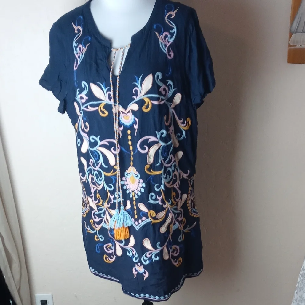 Skies Are Blue Navy Embroidered Boho Tunic with Multicolor Tassel